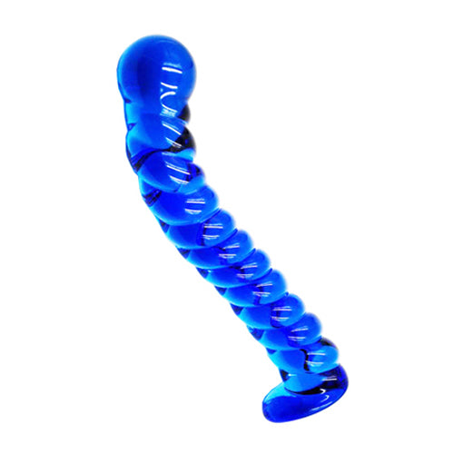 Curved Blue Spiral Glass Dildo