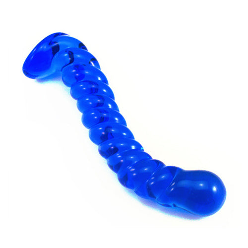 Curved Blue Spiral Glass Dildo