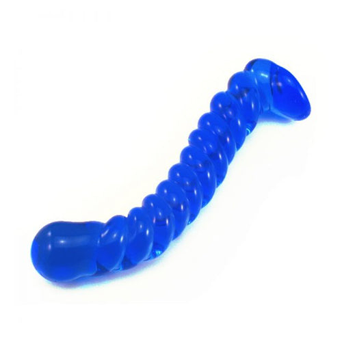 Curved Blue Spiral Glass Dildo