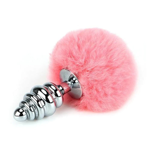 Rabbit Tail With Spiral Silver Butt Plug