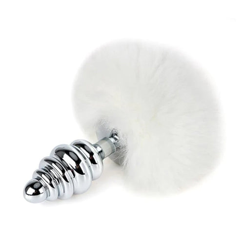 Rabbit Tail With Spiral Silver Butt Plug